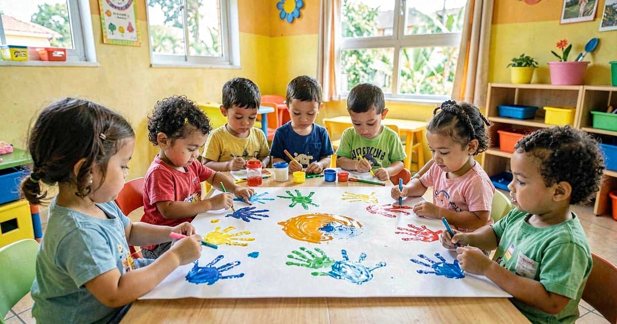 plano de aula marca pessoal: bebês da creche fazendo marca de mãozinha com tinta