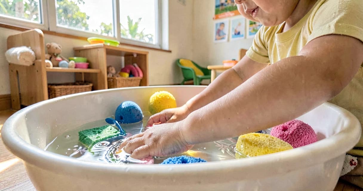 Exploração sensorial de água: bebê tocando água morna em bacia segura em sala de creche brasileira