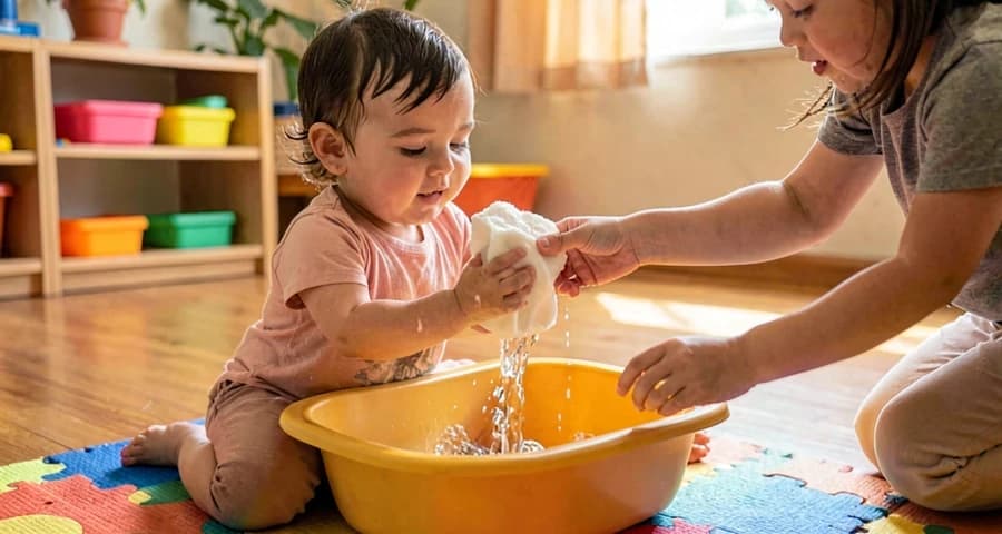 Desenvolvimento motor com água: bebê apertando esponja molhada durante atividade sensorial em creche