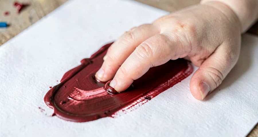 mão de bebê pintando com tinta natural de beterraba em atividade sensorial