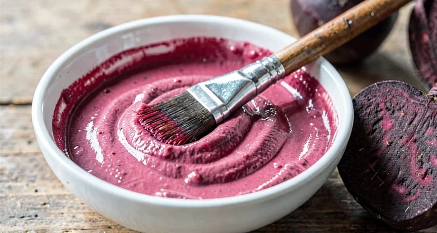 tigela com tinta natural de beterraba usada em atividade de pintura na creche