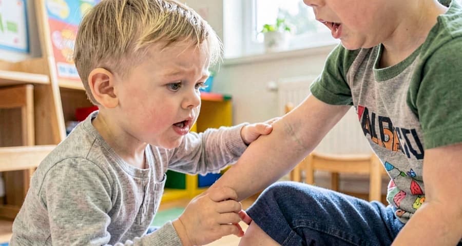 criança da creche tocando o joelho durante brincadeira de partes do corpo