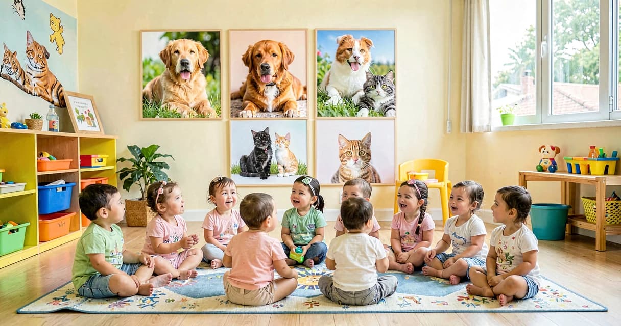 plano de aula animais de estimação: bebês da creche observando imagens de bichos