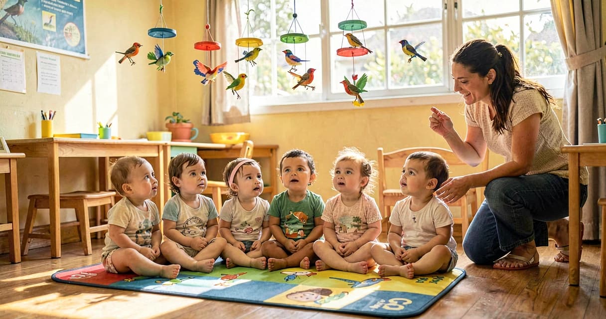 Plano de aula sons de pássaros: bebês em sala de creche explorando estímulos auditivos e visuais com móbiles de aves