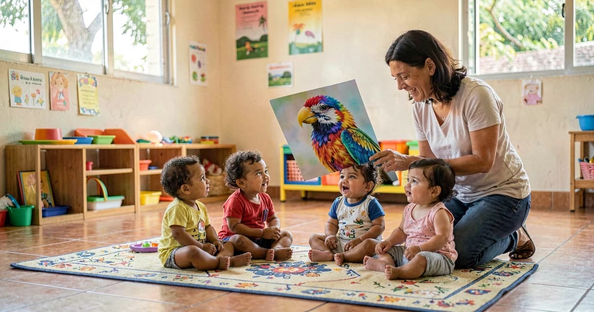 plano de aula sons dos pássaros: bebês da creche observando imagem de pássaro colorido