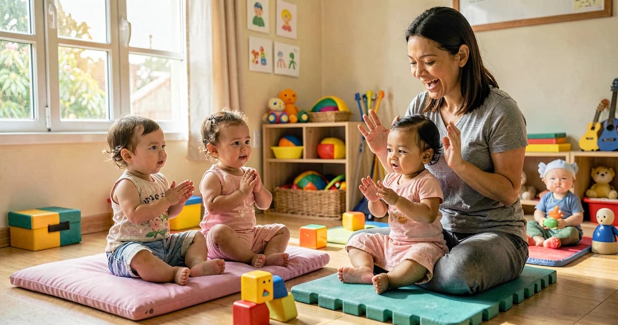 Aula com bebês em creche: professor explorando sons corporais com crianças pequenas em tapete seguro