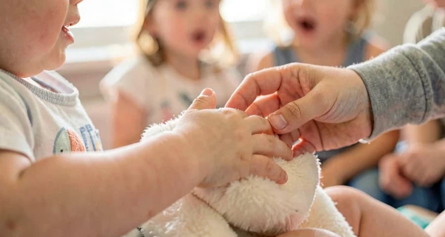 Bebê explorando sons: detalhe de mão tocando objeto sonoro seguro durante atividade sensorial em creche