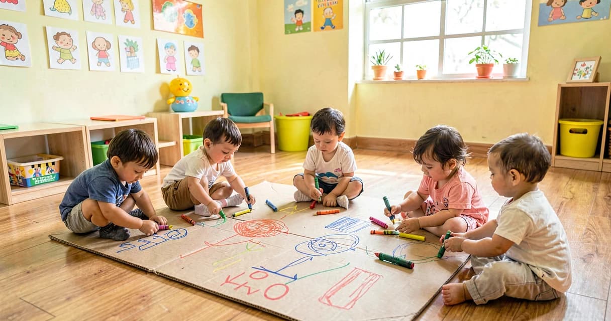 plano de aula desenho no papelão: bebês da creche riscando giz de cera colorido