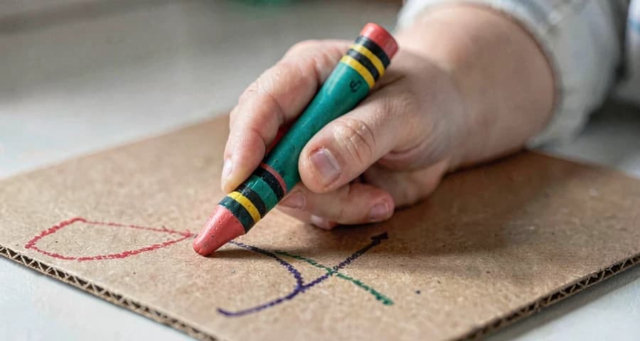 mão de bebê riscando giz de cera sobre papelão em atividade gráfica na creche
