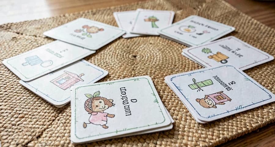 cartões de jogo da memória desenhados por crianças dispostos na creche