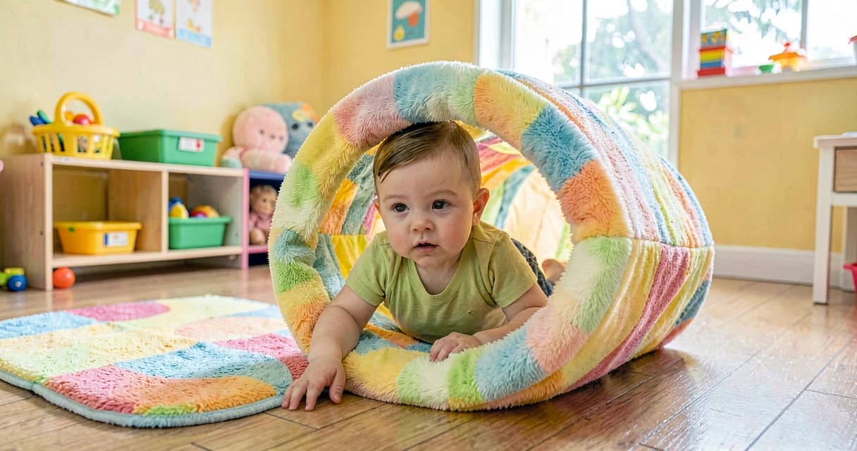 plano de aula túnel sensorial: bebê da creche engatinhando através de túnel de tecido