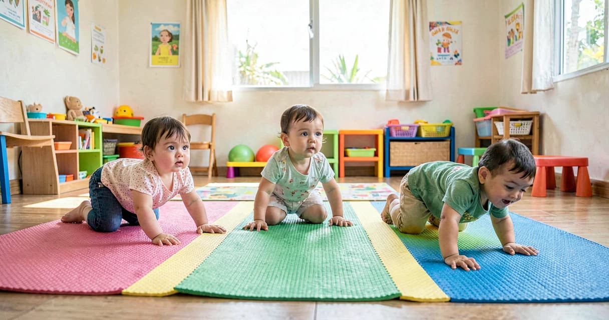 plano de aula percurso de texturas: bebês da creche engatinhando sobre tapetes variados