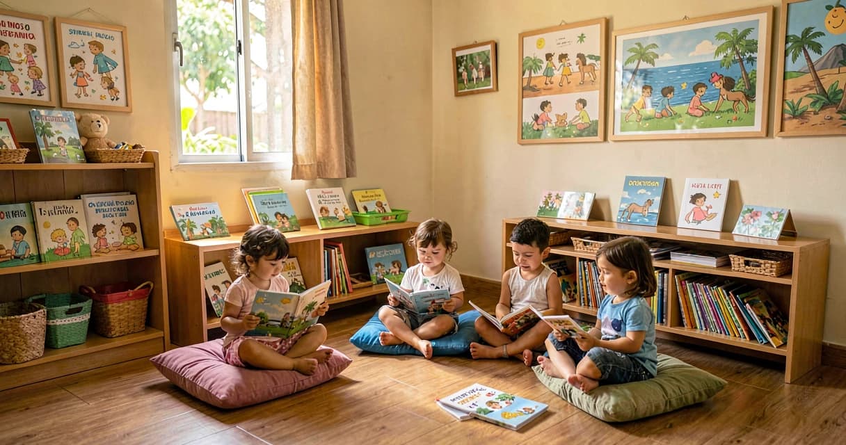 plano de aula explorando livros: crianças da creche manuseando livros ilustrados