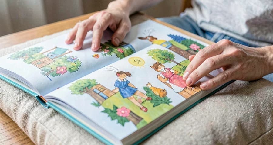 criança da creche folheando livro ilustrado durante atividade de leitura