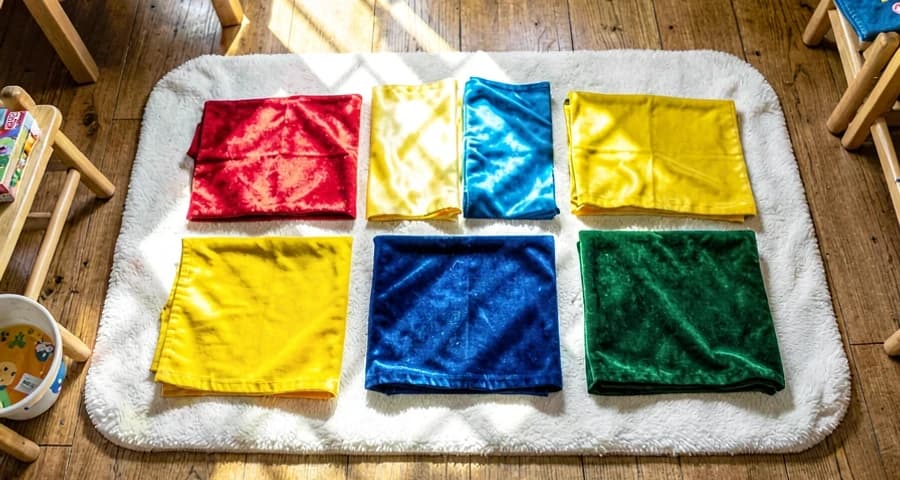 tecidos coloridos para bebês: variedade de texturas em cores vibrantes em atividade de creche