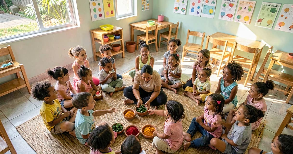 Plano de aula tinta caseira: crianças bem pequenas em roda com professora explorando ingredientes naturais coloridos em sala de aula