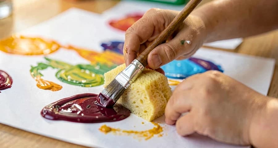 Exploração de tinta caseira: mãos de criança bem pequena com pincel em tinta roxa natural de beterraba durante atividade artística