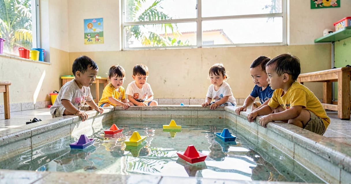 plano de aula barquinho de gelo: crianças da creche observando gelo derretendo na água