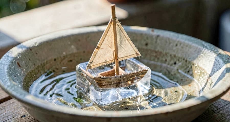 barquinho de gelo com vela de papel flutuando em bacia de água na creche