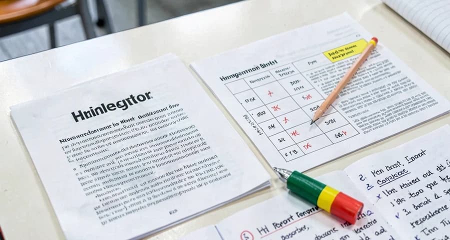 análise de gêneros textuais: mesa de aluno com notícia e reportagem marcadas e tabela comparativa preenchida