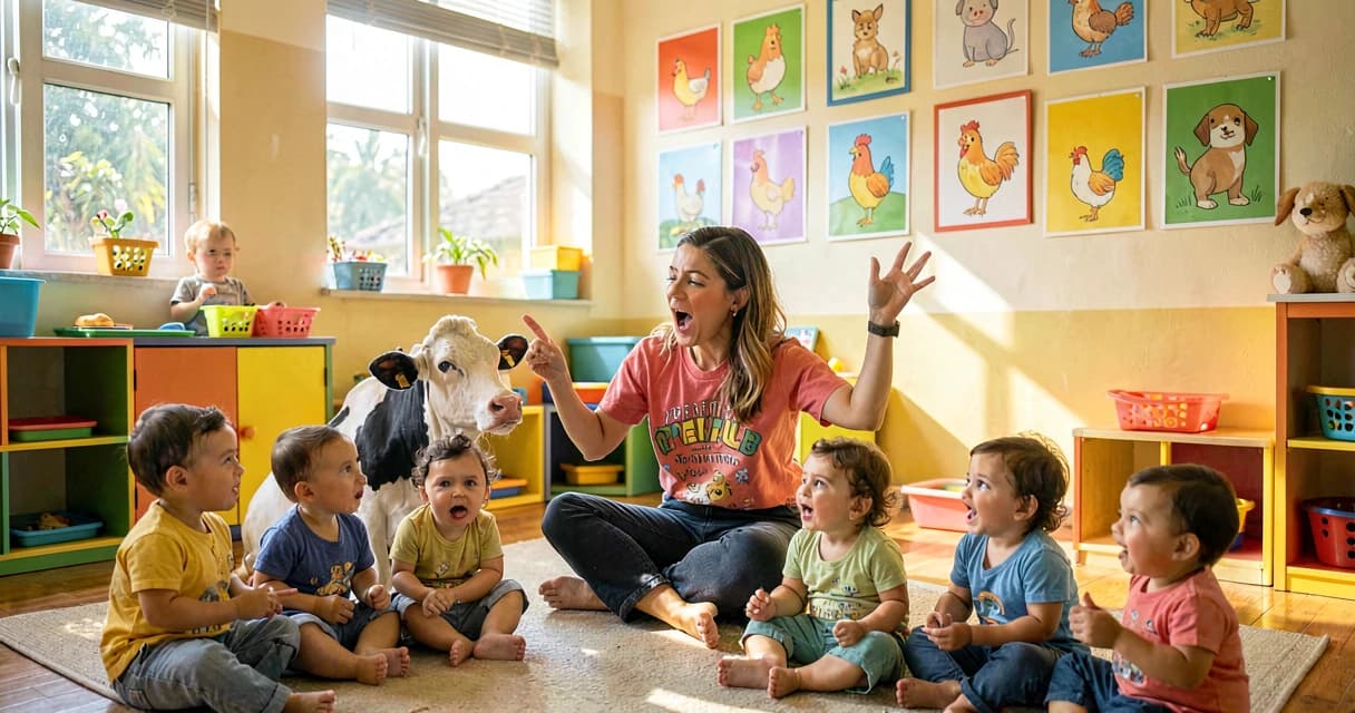 plano de aula creche: professora no chão brincando com bebês imitando sons de animais da fazenda
