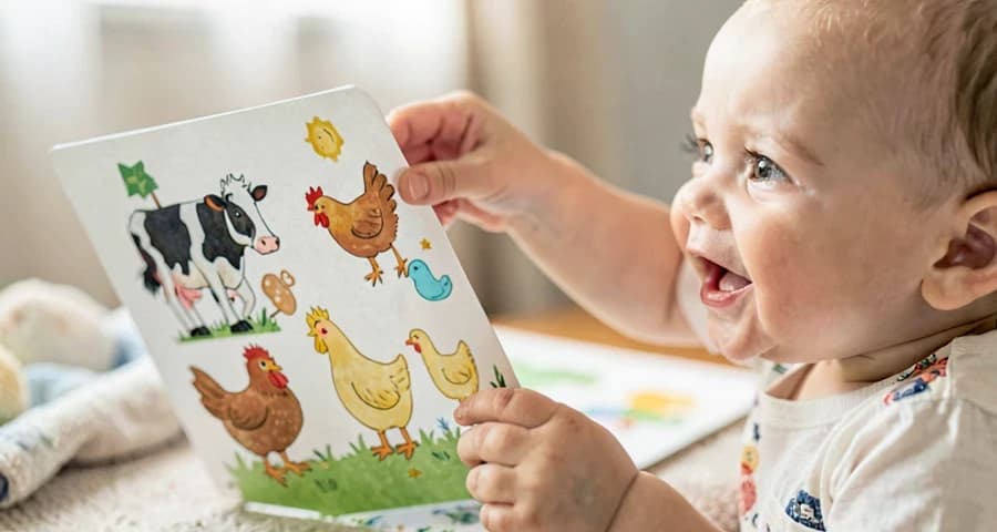atividade com bebês: exploração de imagem colorida de animais de fazenda com movimento e som