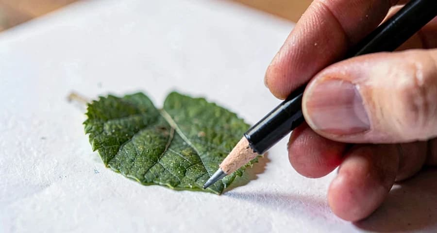 criança da creche desenhando inspirada por folha natural na atividade