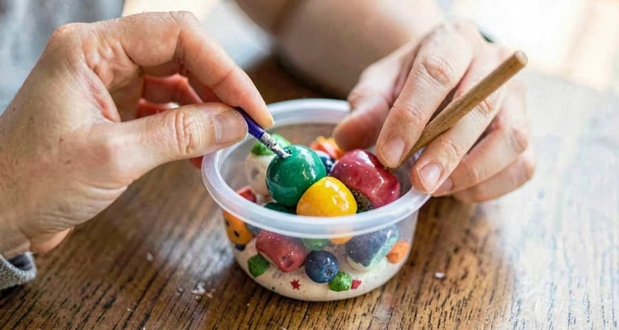 criança da creche decorando brinquedo feito com materiais recicláveis