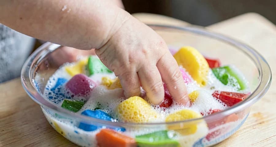mão de bebê misturando espuma colorida em atividade sensorial na creche