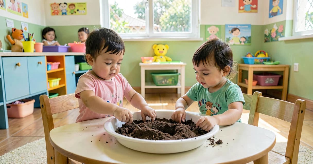 plano de aula explorando a terra: bebês da creche tocando terra em bacia sensorial