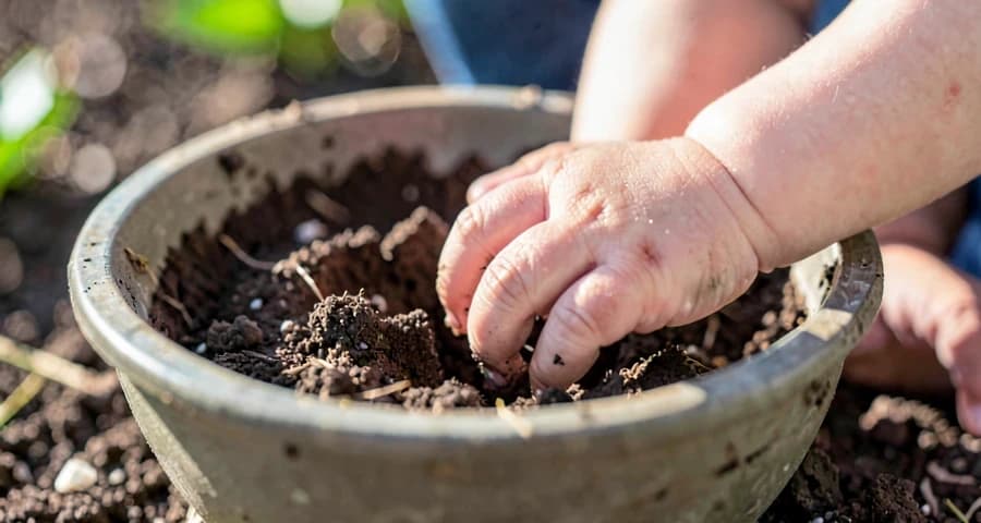 mão de bebê explorando terra em atividade sensorial na creche