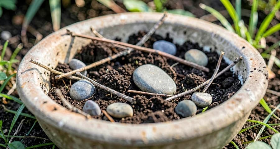 bacia com terra e pequenos elementos naturais usados em atividade na creche
