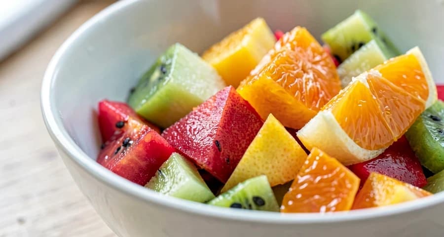 tigela com salada de frutas colorida preparada em atividade na creche
