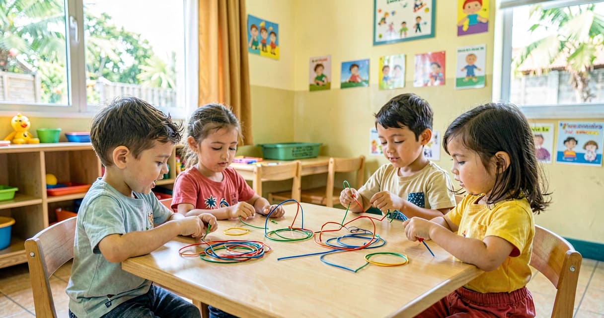 plano de aula moldando com arame: crianças da creche dobrando fio de arame colorido