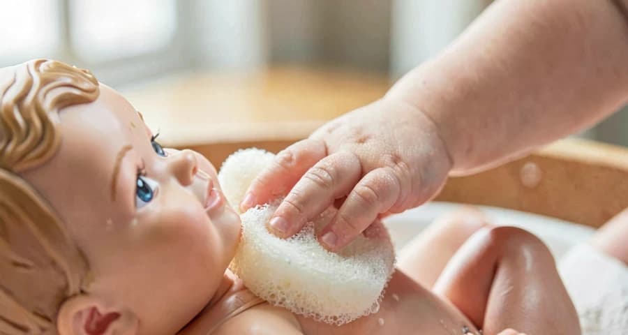 bebê lavando boneco com esponja durante atividade de faz de conta na creche