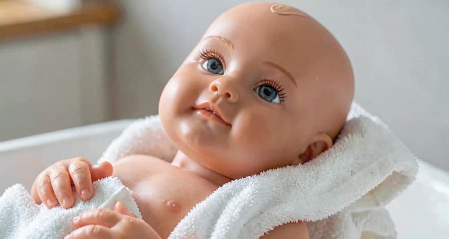 boneco sendo enxugado em atividade de cuidado simbólico na creche
