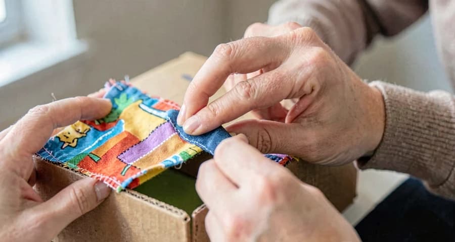 mãos de criança montando cenário de papelão e tecido na creche