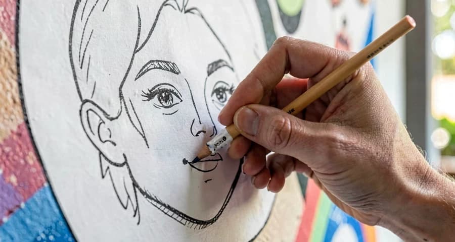 criança da creche colando desenho de expressão no mural coletivo