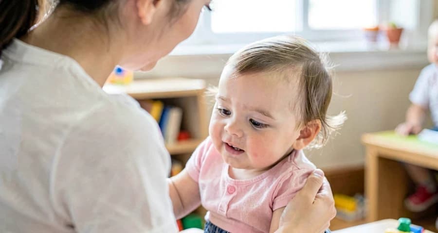 familiar interagindo com bebê durante visita à rotina da creche