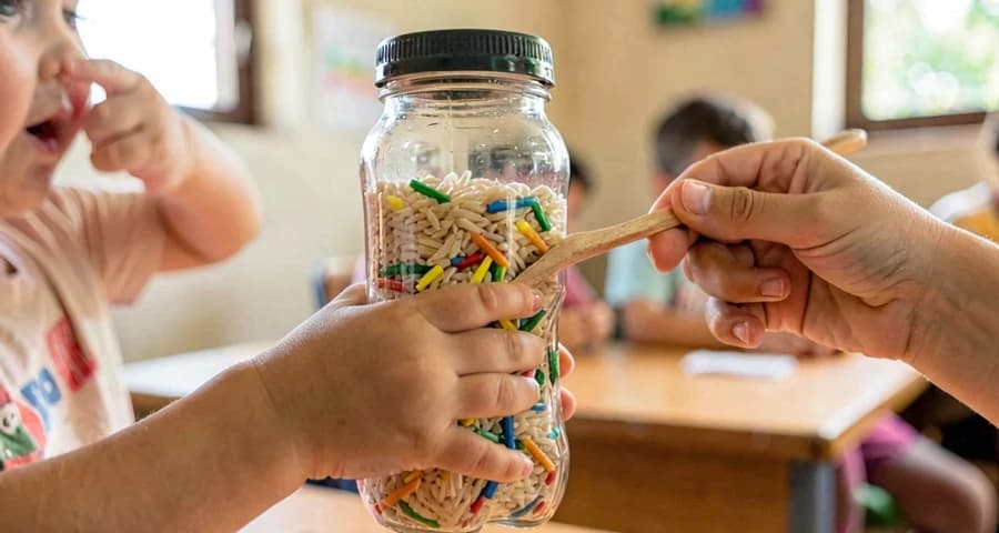 Instrumentos musicais caseiros creche: criança pequena manipulando garrafas com arroz e colher de madeira