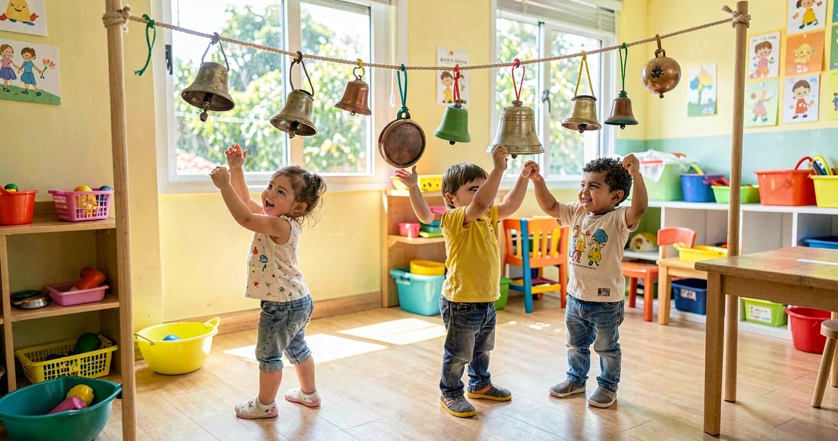 plano de aula instalação sonora: crianças da creche explorando objetos sonoros pendurados
