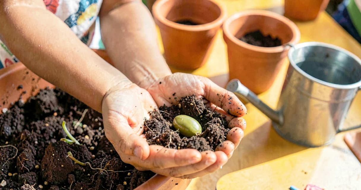 Plano de aula plantio creche: mãos de criança pequena explorando semente e terra em vaso