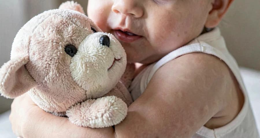 bebê abraçando bichinho de pelúcia durante atividade de segurança emocional na creche
