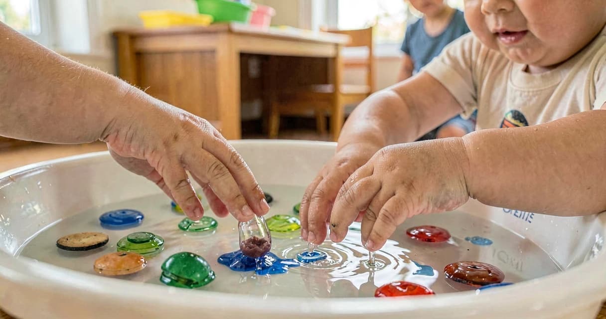Brincadeira com água na creche: crianças pequenas explorando objetos que flutuam e afundam em bacia com água