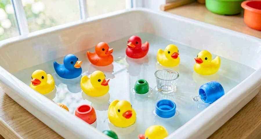 Exploração sensorial de objetos: patinhos flutuando e pedra afundando em bacia com água para crianças bem pequenas