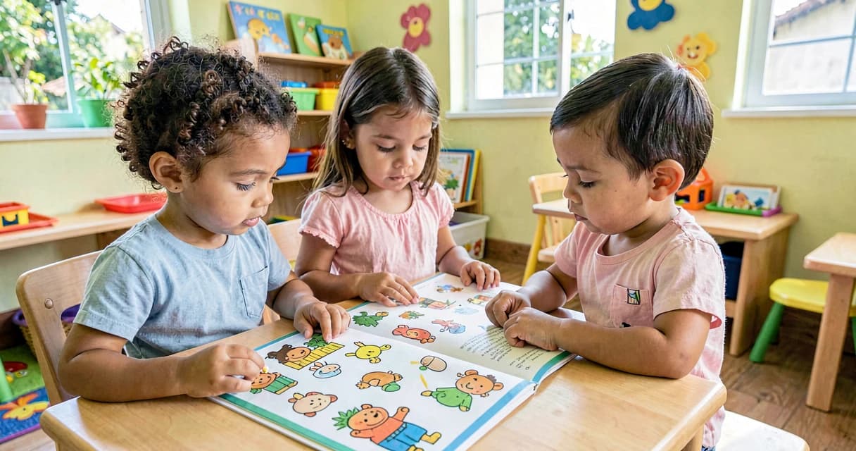 plano de aula observando imagens: crianças da creche examinando ilustrações de um livro