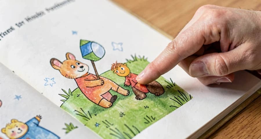 criança da creche apontando elemento de ilustração durante atividade de leitura visual
