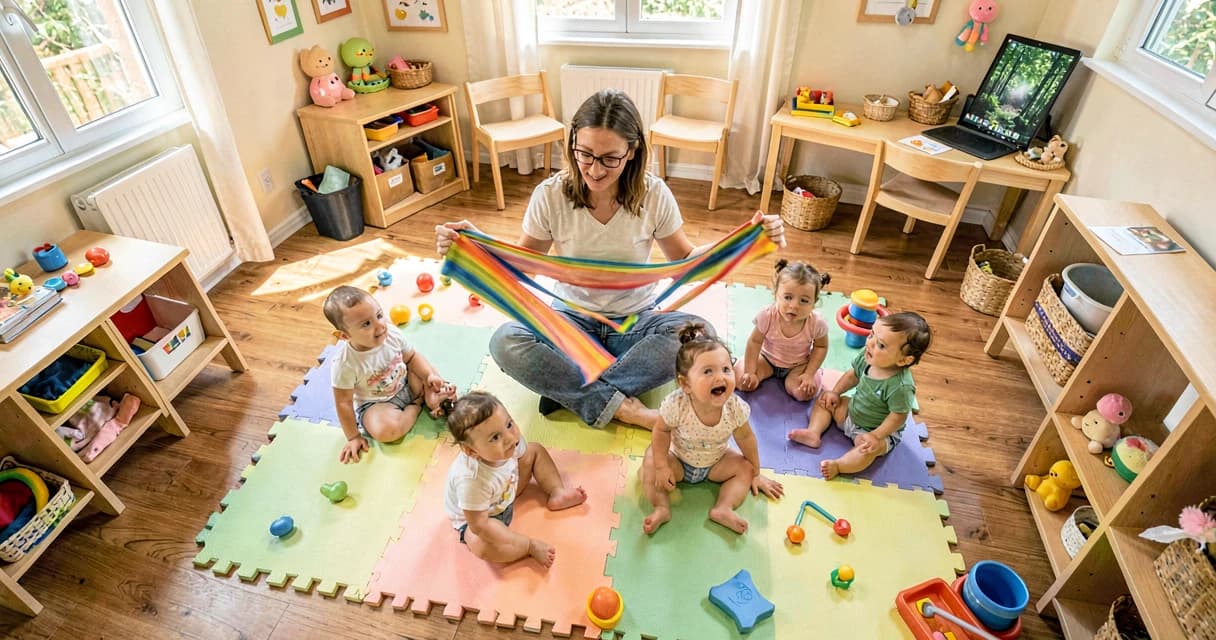 educação sensorial para bebês: cuidadora em sala de creche com lenços coloridos rodeada de bebês sentados em tapete de brincadeira
