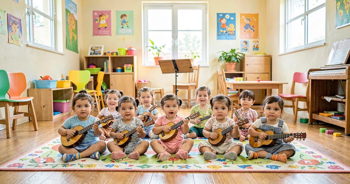 plano de aula música clássica: bebês da creche com instrumentos musicais em roda
