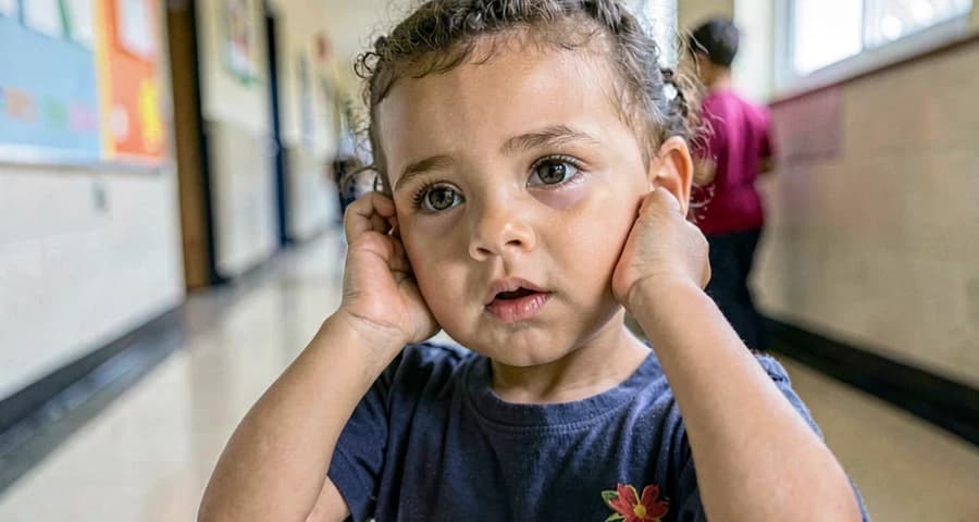 criança da creche ouvindo atentamente sons do ambiente escolar